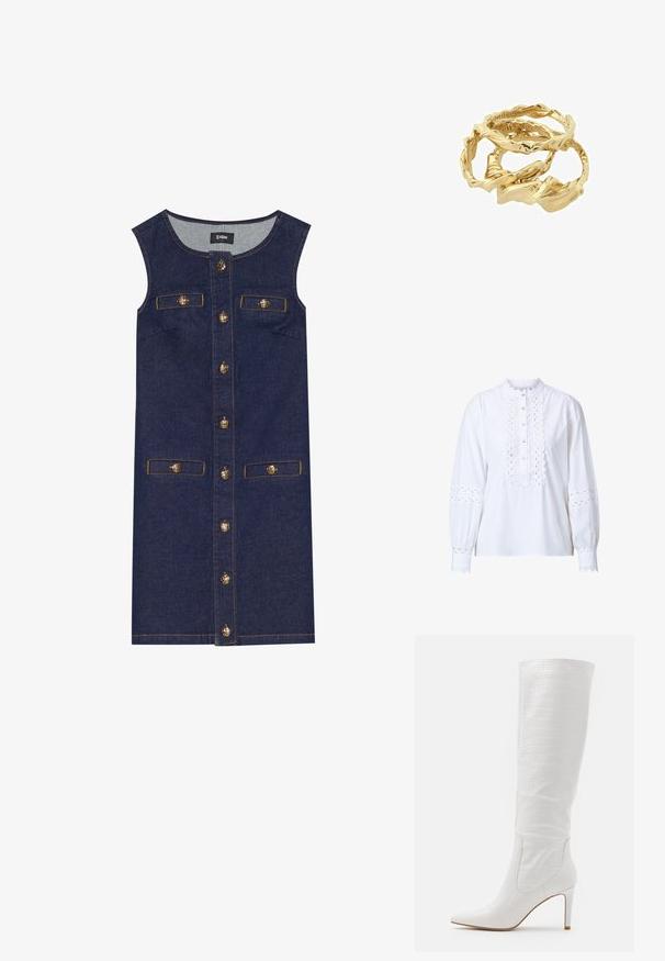 Valge pikad varrukad blousee, millel on laineline krae ja klapp. Omab keerukat lõikega kaunistust varrukaosadel ja ees, samuti nuppude kinnitusi.; Denimkleit ilma varrukateta kujundusega, tumesinine värv, esisel nööpide sulgemine ja kaks taskut. Kuldse tooni nupudetailid ja õmbluste aktsendid.; RAID TRIBUTE - Kõrge kontsaga saapad - white; Kuldtooni keeratud rõngad üksteise peal, millel on tekstureeritud disain ja siledad, kaardus servad, luues orgaanilise ja voolava välimuse.