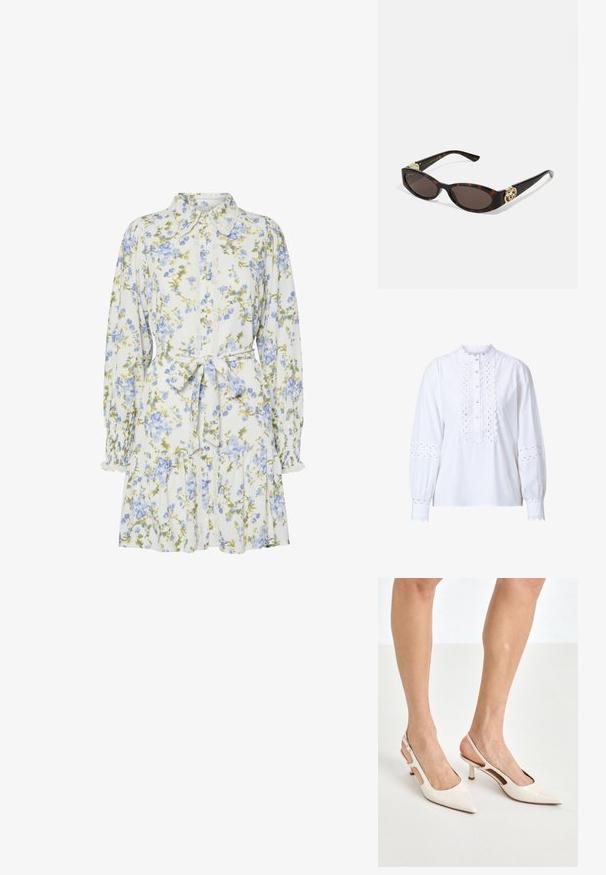 Biała bluzka z długim rękawem, z falbaniastym kołnierzykiem i listwą na guziki. Posiada skomplikowane wycięcia na rękawach i przodzie oraz zapięcia na guziki.; Kwiatowa sukienka w bieli z niebieskimi i zielonymi kwiatami, z kołnierzykiem, zapinana na guziki z przodu, z długimi rękawami z elastycznymi mankietami i paskiem w talii.; Beżowe lakierowane szpilki z odkrytą piętą, zakończone spiczastym noskiem i 5 cm obcasem, z wyciętymi bokami oraz cienkim paskiem na kostce.; Słoneczne okulary w kolorze żółwi z wydłużonymi owalnymi soczewkami, brązowym odcieniem, złotymi akcentami logo na zausznikach oraz smukłymi czarnymi ramionami.; Beżowa torebka w wzory o zakrzywionym kształcie, z skórzanymi akcentami i złotym logo z przodu. Posiada krótki uchwyt, co ułatwia noszenie.; Naszyjnik z pereł i kryształów o okrągłym, koralikowym wzorze w jasnych odcieniach, z naprzemiennie umieszczonymi perłami i błyszczącymi akcentami, noszony na szyi.