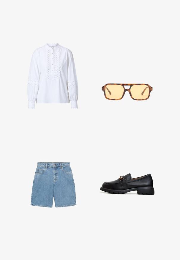 Weiße Bluse mit langen Ärmeln, einer gewellten Kragen und einer Knopfleiste. Verfügt über aufwendige Ausschnitten an den Ärmeln und vorne sowie über Knopfverschlüsse.; Schwarzes Trägertop mit Spitzenbesatz am Ausschnitt und verstellbaren dünnen Trägern. Glattes Material mit lockerer Passform.; Jeansshorts in hellblau, mit hoher Taille, vier Taschen und sichtbaren Nähten. Aus strukturiertem Denim-Stoff gefertigt.; Schwarze Lederloafer mit abgerundeter Zehe, dekorativem goldenen Zubehör und einer robusten Gummisohle mit strukturiertem Griffmuster.; Schildkrötensonnenbrille mit gelb getönten Gläsern, rechteckiger Form und ausgefallenem Brücken-Ausschnitt. Strukturierten Bügel runden das Design ab.; Marinefarbene Lederhandtasche mit glatter Oberfläche, rundem Design, gefaltetem oberen Teil und einem einzelnen Schulterriemen. Inklusive silberner Hardware-Akzent.; Drei Haargummis: einer aus schwarzem Stoff, einer aus weißem Stoff und einer aus schwarz mit einem strukturierten silbernen Muster und Rändern. Weiches, gerafftes Design.