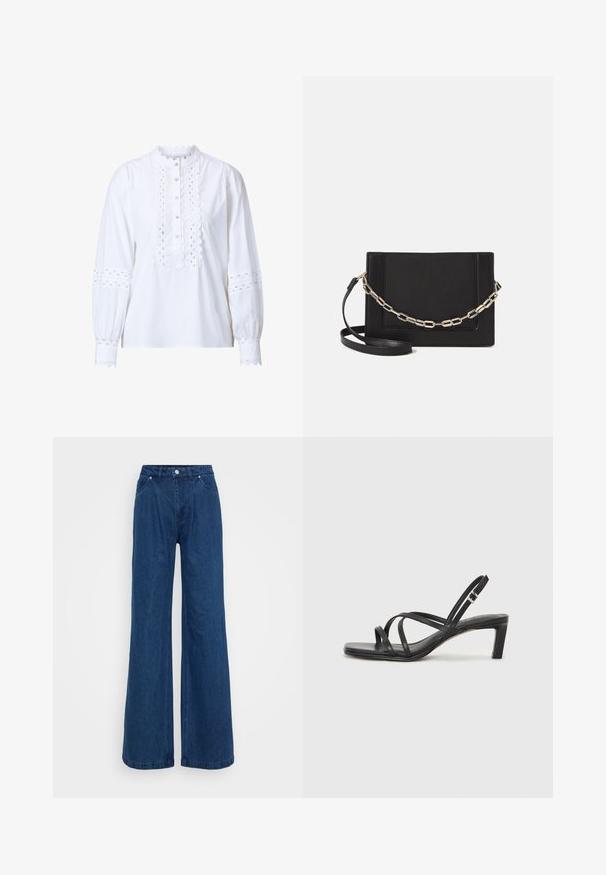 Witte lange mouwen blouse met golvende kraag en knoopsluiting. Heeft ingewikkelde uitsnijdingen op de mouwen en aan de voorkant, en knoopsluitingen.; Blauwe denim jeans met wijde pijpen en een hoge taille, voorzien van een knoop- en ritssluiting aan de voorkant, en voor- en achterzakken op een effen achtergrond.; Zwarte sandaal met bandjes, vierkante teen en een lage blokhak. Voorzien van meerdere dunne bandjes en een verstelbare enkelband. Gemaakt van zacht leer.; Zwarte leren schoudertas met een gladde textuur, rechthoekige vorm en een metallic kettingdetail aan de voorkant. Verstelbare schouderband inbegrepen.