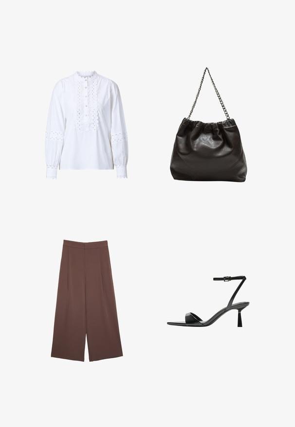 Bela bluzica z dolgimi rokavi z valovitim ovratnikom in zapenjanjem. Ima zapleteno izrezano detajliranje na rokavih in sprednjem delu, ter gumbne zapclosures.; Rjave široke hlače z gladko teksturo, ki imajo visok pas in sprednje naborke. Tkanina je lahka in prosto pada.; Bershka Sandali z visoko peto - black; Rjava usnjena torba z nabranim vrhom in verižnim trakom. Gladka tekstura z sijajno površino in subtilnimi šivi na straneh.