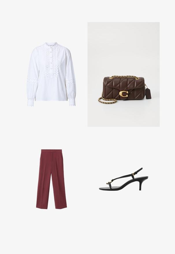 Witte lange mouwen blouse met golvende kraag en knoopsluiting. Heeft ingewikkelde uitsnijdingen op de mouwen en aan de voorkant, en knoopsluitingen.; Bordeaux brede broek met een zachte textuur, voorzien van zijzakken en een hoogtaille ontwerp. Strak gesneden met een nette voorplooi.; Zwarte leren kitten heel sandaal met dunne banden, gouden gesp en minimalistische teenlus op een witte achtergrond.; Gepatineerde bruine leren handtas met een gouden kettingriem, gouden hardwareaccenten en een opvallende sluiting. Bevat een gestructureerd patroon.