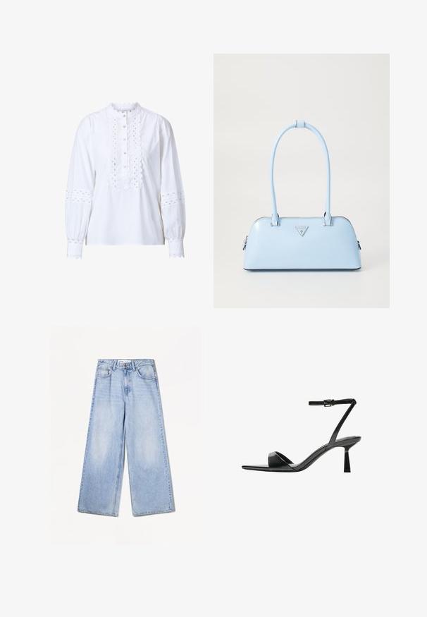 Bijela bluzica dugih rukava s ovratnikom u obliku školjke i patentnim zatvaračem. Sadrži složene izrezane detalje na rukavima i sprijedu, te kopčanje na dugmad.; Bershka WIDE-LEG - Široke nogavice - light-blue denim; Bershka Sandale s visokom petom - black; Svijetloplavi ručni torbica sa strukturiranim oblikom, glatka kožna materija, dva ručka i trokutasti brend logotip na prednjoj strani. Zatvaranje na patentni zatvarač.