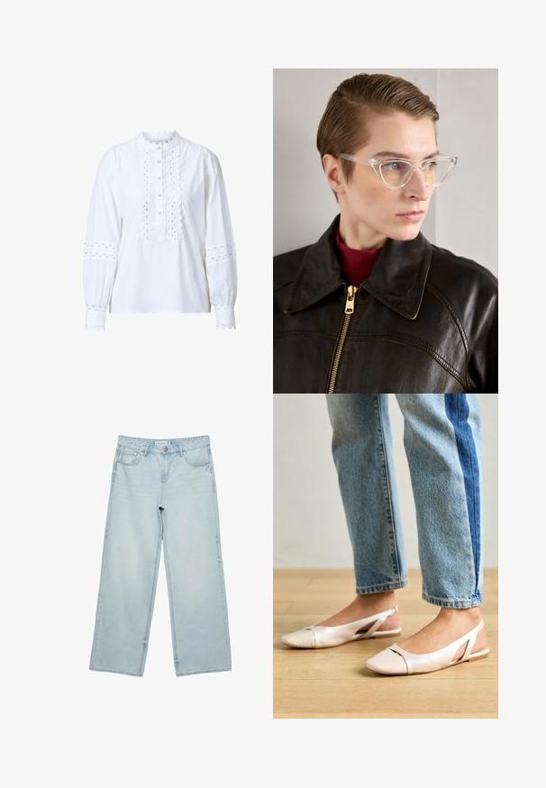 White long-sleeve blouse with scalloped collar and placket. Features intricate cut-out detailing on sleeves and front, and button closures.; Light blue wide-leg jeans in denim, featuring a high waist, five pockets, and subtle fading. Straight cut with hemmed edges.; Pale pink slingback flats with a pointed toe, made from a smooth leather-like material. Features cut-out details at the sides and a flat heel.; Clear acetate cat-eye glasses with yellow tinted lenses, worn by a person in a dark leather jacket and red turtleneck. Smooth texture.; White structured handbag with short handles and a shoulder strap, featuring gold hardware accents and textured material, displayed against a grey background.