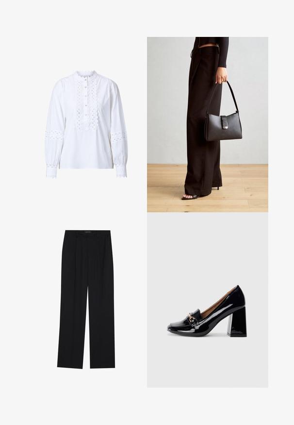 White long-sleeve blouse with scalloped collar and placket. Features intricate cut-out detailing on sleeves and front, and button closures.; Black trousers with a straight-leg design, featuring two front pockets and a waistband. Made from a smooth, lightweight fabric.; Black patent leather high-heeled shoe with a pointed toe and block heel. Features a decorative strap and buckle detail on the vamp.; Black handbag with structured shape, smooth texture, and a metallic clasp. Paired with wide black pants and open-toe sandals on wooden floor.