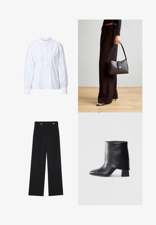 Valkoinen pitkähihainen paita, jossa on halkotukka ja napitus. Siinä on monimutkaiset leikattuja yksityiskohtia hihoissa ja edessä, sekä nappisuljenta.; Mustat leveälahkeiset housut, joissa on korkea vyötärö, napit vyötärönauhassa ja etupuolella laskokset.; Mustat nahka nilkkurit, joissa on terävä kärki, sileä pinta ja jämäkkä lohkosaapas. Ominaisuuksia korkea, taitettu varren muotoilu.; Musta käsilaukku, jossa on rakenteellinen muoto, sileä pinta ja metallinen solki. Yhdistetty leveisiin mustiin housuihin ja avonaiheisiin sandaaleihin puulattialla.