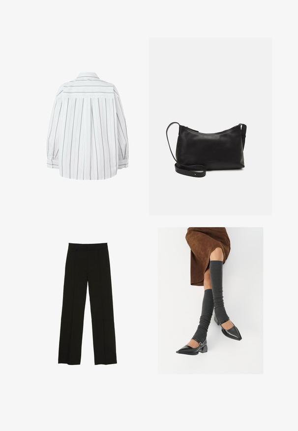Weiß gestreiftes Hemd mit vertikalen grauen Streifen, langen Ärmeln, einem Rückenpasse und knöpfbaren Manschetten. Glatte Textur, klassisches Kragen-Design.; Schwarze weit geschnittene Hosen aus glattem Stoff, ausgestattet mit einem taillierten Bund und dezenten vorderen Falten für zusätzliche Struktur.; Schwarze lacklederne spitze Schuhe mit Blockabsatz und Knöchelriemen, kombiniert mit grauen gerippten Beinstulpen und einem braunen Wildlederrock.; Schwarze Ledertasche für die Schulter mit glatter Textur, geschwungener Form, verstellbarem Tragegurt und Reißverschluss. Minimalistisches Design ohne Verzierungen.