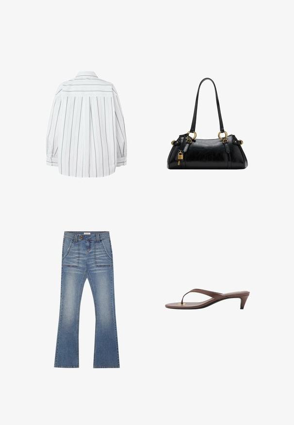 Biała koszula w paski z poziomymi szarymi paskami, długimi rękawami, karczkiem z tyłu i mankietami zapinanymi na guziki. Gładka tekstura, klasyczny krój kołnierza.; Even&Odd - Jeansy Bootcut; Brązowe sandały na obcasie w stylu klapek z wąskim paskiem i zaokrąglonym palcem, z małym złotym akcentem na wkładce.; Czarna skórzana torebka o gładkiej fakturze, zaokrąglonym kształcie, złotych akcentach metalowych i podwójnych uchwytach. Posiada dekoracyjny zamek z boku.