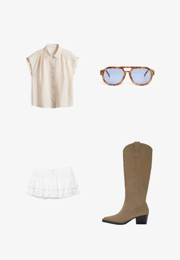 Lichtbeige blouse met korte mouwen, met een knoopsluiting aan de voorkant, zachte textuur en een klassieke kraag met subtiele plooien op de schouders.; Witte gelaagde rok met drie gerimpelde lagen, elastische tailleband en trekkoorddetail. Gemaakt van lichtgewicht, gestructureerde stof.; Kniehoge tan suède laarzen met een puntige neus, een gestapelde hak en stiksel details langs de zijkanten. Smooth texture en gestructureerd ontwerp.; Schildpadbril met blauwe lenzen, hoekig ontwerp, dikke rand en uitsparing voor de neusbrug; met een gouden accent op de poot.; PULL&BEAR SHOPPER - Shopper - grey