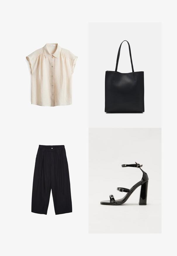 Light beige short-sleeve blouse with a button-down front, soft textured fabric, and a classic collar featuring subtle gathering at shoulders.; Black polyester culotte pants with an elastic waistband, two front pleats, and a loose silhouette. No visible patterns or hardware details.; Black patent heeled sandals with a square toe, ankle straps, and silver buckles. Features a chunky block heel for stability.; Black leather tote bag with smooth texture, rectangular shape, and two long handles. No visible hardware or embellishments.