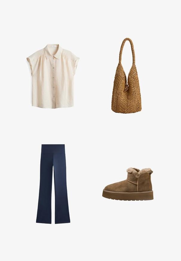 Light beige short-sleeve blouse with a button-down front, soft textured fabric, and a classic collar featuring subtle gathering at shoulders.; Navy blue flared pants made of stretchy fabric; features a high, wide waistband and smooth texture without patterns or visible hardware.; Brown suede ankle boots with faux fur lining, round toe, and a thick platform sole; features a stitched seam and pull tab at the back.; Woven brown tote bag with a distinctive open-knit design, featuring an elongated, rounded handle and a soft texture.