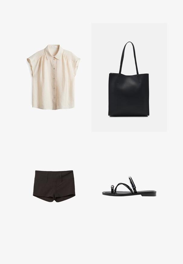 Blusa corta a maniche corte di un beige chiaro con bottoni frontali, in tessuto morbido e testurizzato, e colletto classico con delicate rientranze sulle spalle.; Pantaloni corti neri in cotone con un design aderente, caratterizzati da una texture liscia e due tasche frontali. Vita a media altezza e senza motivi visibili.; Infradito neri con una finitura lucida, tre sottili cinturini e un dettaglio hardware circolare sulla punta. Design elegante con un tacco minimale.; Borsa tote in pelle nera con texture liscia, forma rettangolare e due manici lunghi. Nessun hardware o decorazione visibile.