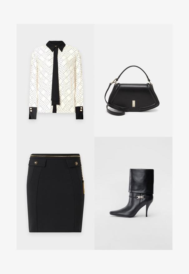 Long-sleeve blouse in ivory with black geometric print, contrasting black collar and cuffs, and a black tie detail. Gold button accents at cuffs.; Black fitted skirt with front flap pockets, gold decorative buttons, and a thin gold chain belt with a tassel on the right side.; Black leather ankle boot with a pointed toe, high stiletto heel, fold-over cuff, and a gold decorative buckle detail on the ankle.; Black leather handbag with a structured design, featuring a cropped shape, top handle, and gold hardware accent. Adjustable shoulder strap included.