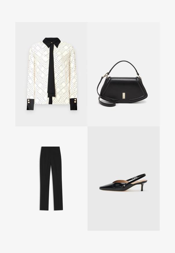 Pitkähihaisen ivory-värisen paidan, jossa on musta geometrinen printti, kontrastiväri musta kaulus ja hihansuut sekä musta solmien yksityiskohta. Kullansävytetyt napit hihansuissa.; Mustat räätälöidyt housut suoran lahkeen designilla, joissa on etutaskut ja sileä, teksturoitu kangas. Siistit, minimalistiset yksityiskohdat.; Musta patenttikiiltoinen slingback-korkokenkä, jossa on teräväkärkinen muoto, pieni korko ja leikkauksella varustettu suunnittelu vampaassa. Kultasävyinen metallivanhus sivulla.; Mustalla nahkalaukulla, jossa on jämäkkä muotoilu, lyhyt malli, yläkahva ja kultaiset yksityiskohdat. Säädettävä olkahihna sisältyy.