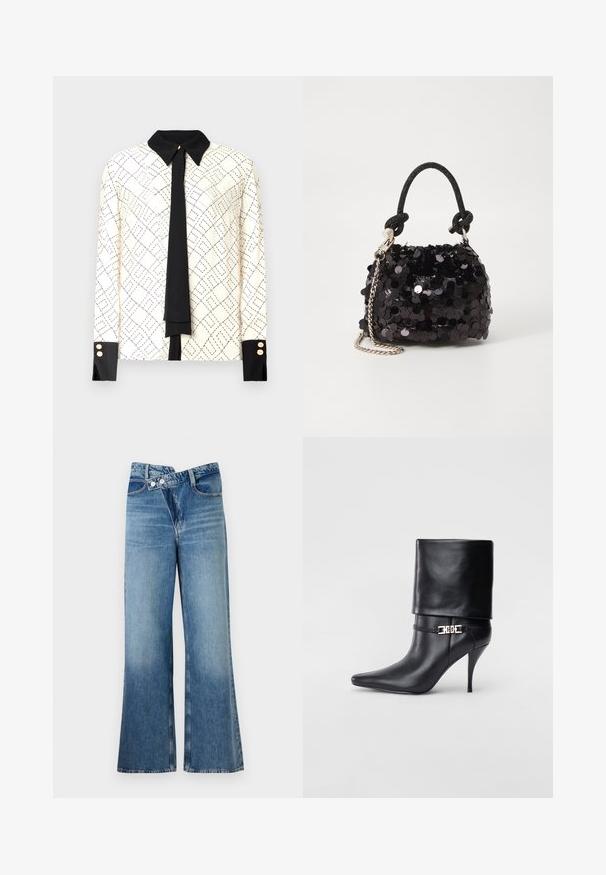Bílá halenka s dlouhými rukávy a černým geometrickým vzorem, kontrastním černým límcem a manžetami a detaily černého uvazování. Zlacené knoflíky na manžetách.; Světle modré riflové zvonové džíny s vysokým pasem, mají dva knoflíky a přední kapsy. Látka má vybledlý povrch s jemnými variacemi.; Černé kožené kotníkové boty s špičatou špičkou, vysokým stiletto podpatkem, ohrnovací manžetou a zlatým ozdobným přezkovým detailem na kotníku.; Černá mini kabelka s flitry, s uzlovým texturovaným popruhem a stříbrným řetízkem. Zaoblený tvar s nařaseným vrchem a reflexními detaily.