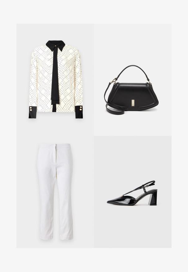 Hosszú ujjú blúz elefántcsont színben, fekete geometrikus mintával, kontrasztos fekete gallérral és mandzsettákkal, valamint fekete nyakkendő részlettel. Arany gombok díszítik a mandzsettákat.; Fehér pamut nadrág egyenes lábformával, közepes derékkal, látható fémrészek vagy minták nélkül. Sima textúra az egész anyagon.; Fekete lakk bőrből készült slingback magas sarkú cipők hegyes orral, állítható pánttal és vastag téglalap alakú sarokkal.; Fekete bőr kézitáska, strukturált dizájnnal, rövidített formával, felső fogantyúval és arany színű kiegészítőkkel. Állítható vállpánt is tartozik hozzá.
