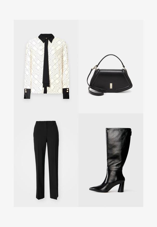 Blusa a maniche lunghe di colore avorio con stampa geometrica nera, colletto e polsini neri a contrasto, e un dettaglio a cravatta nera. Dettagli con bottoni dorati sui polsini.; Pantaloni neri su misura con un design a gamba dritta, caratterizzati da una texture liscia e pieghe ben definite sul davanti. Senza hardware visibile.; Stivale in pelle nera, alto fino al ginocchio, con punta affusolata, superficie liscia e tacco spesso. Presenta un dettaglio con zip sul retro.; Borsa a mano in pelle nera con un design strutturato, caratterizzata da una forma corta, manico superiore e accessori in metallo dorato. Inclusa tracolla regolabile.