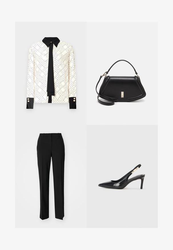Langermet bluse i elfenben med svart geometrisk print, kontrasterende svart krage og mansjetter, og svart knytebånd-detalj. Gullknappdetaljer på mansjettene.; Sorte skreddersydde bukser med rett silhuett, med en glatt tekstur og klare pressede bretter foran. Ingen synlig maskinvare.; Sorte skinn slingback høyhælte sko med spiss tå, glatt tekstur og en smal ankelrem med gullhardvareakenter.; Sort lærveske med en strukturert design, som har en avkortet form, topphåndtak og detaljer i gull. Justerbar skulderstropp inkludert.