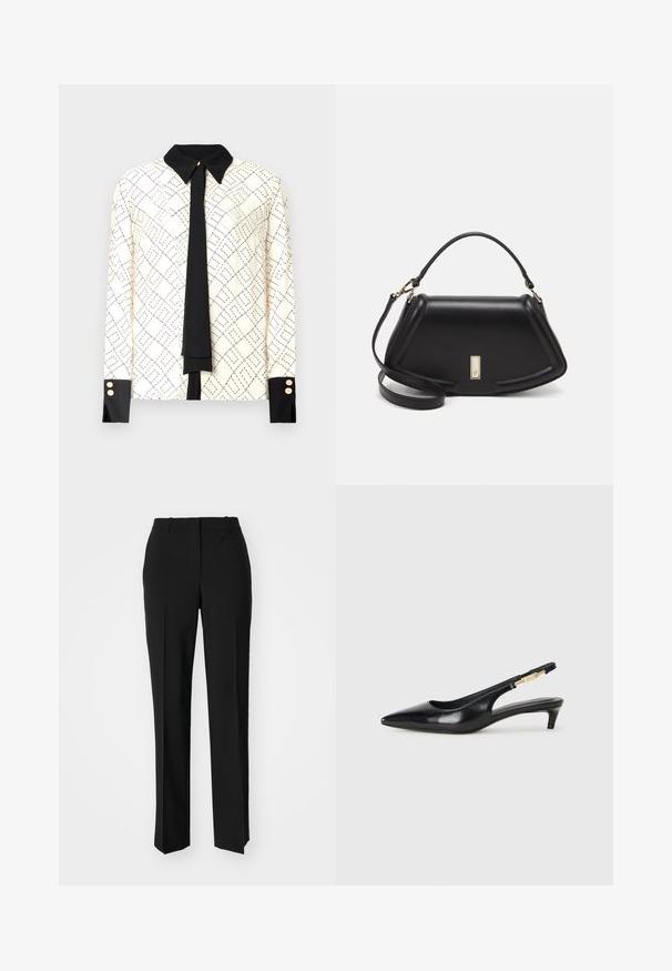 Bluză cu mânecă lungă în nuanță de ivoriu, cu imprimeu geometric negru, cu guler și mansete negre contrastante și un detaliu de cravată neagră. Accente cu nasturi aurii la mansete.; Pantaloni negri tailor-ed cu un design drept, având o textură fină și cute clare pe față. Fără elemente de prindere vizibile.; Sandale slingback din piele neagră cu vârf ascuțit, având un toc subțire și un accent de culoare aurie pe curea ajustabilă. Textură netedă.; Geantă de umăr din piele neagră, cu un design structurat, având o formă tăiată, mânere superioare și accente din aur. Include o curea de umăr ajustabilă.