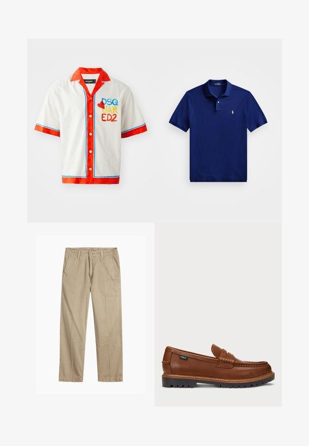 Krátky rukáv, biele bavlnené tričko s červeným golierom a manžetami. Obsahuje modré a červené lemovanie a viacfarebný logo "DSQ JAR ED2" na prednej strane.; Námornícky modré polo tričko z jemnej bavlny, s trojdierkovou légou, krátkymi rukávmi a žltým logom na ľavej hrudi.; Béžové chinos nohavice rovného strihu s pútkami na opasok, predným gombíkom a zipsom, a šikmými prednými vreckami.; Hnedé kožené loafre s dekoratívnym prešívaním a textúrovanou špičkou. Podošva má robustný dizajn, ktorý poskytuje trakciu a odolnosť.