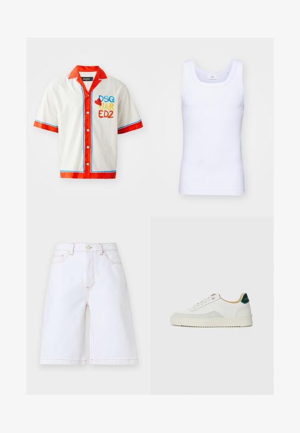 Kurzarmhemd aus weißer Baumwolle mit rotem Kragen und Manschetten. Mit blauen und roten Akzenten sowie einem mehrfarbigen "DSQ JAR ED2" Logo auf der Vorderseite.; Weißes Baumwoll-Top ohne Ärmel mit rundem Ausschnitt, ausgestattet mit einer glatten Textur und einer figurbetonten Form, ideal für die Freizeit.; Weiße Denim-Shorts mit geradem Schnitt, fünf Taschen und kontrastierenden hellbraunen Nähten. Beinhaltet einen vorderen Knopf- und Reißverschluss.; Weiße Sneaker mit Wildlederelementen, runder Zehenpartie, flachen Schnürsenkeln und einer cremefarbenen Gummisohle. Mit grünen Markenlogo am Fersenbereich.