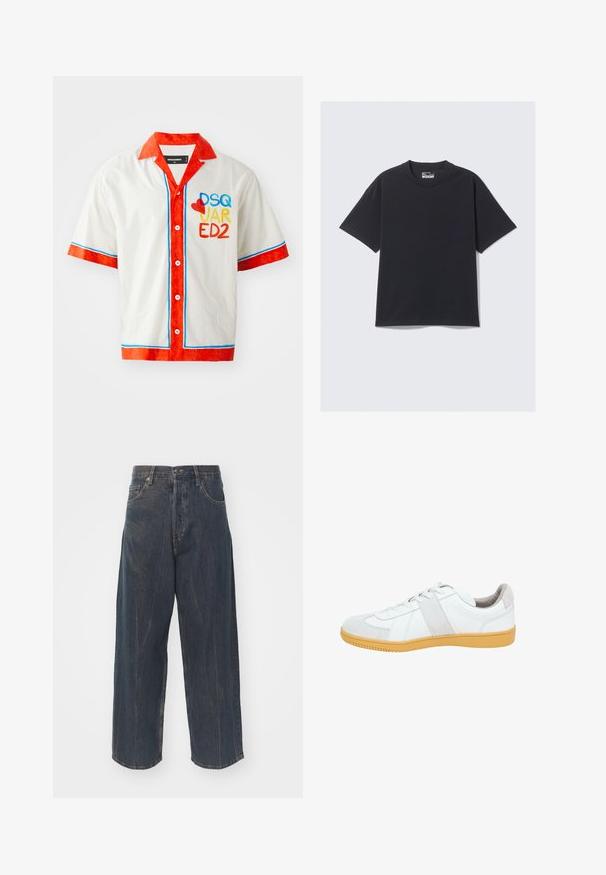 Short-sleeve shirt in white cotton with red collar and cuffs. Features blue and red trim, and multicolored "DSQ JAR ED2" logo on front.; Black cotton T-shirt featuring a classic crew neck, short sleeves, and a relaxed fit. Smooth texture with minimal stitching detail.; Wide-leg dark blue denim jeans with subtle distressed texture, five pockets, and a classic button and zipper closure at the waist.; White sneaker with suede accents, rubber sole, lace-up design, rounded toe, and light gray details on the tongue and heel.