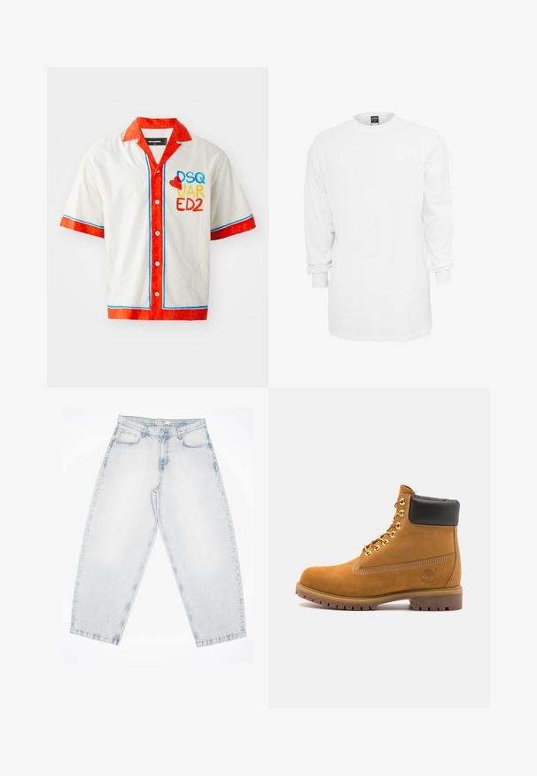 Chemise à manches courtes en coton blanc avec col et poignets rouges. Prend en charge des bordures bleues et rouges et un logo multicolore "DSQ JAR ED2" à l'avant.; T-shirt en coton blanc à manches longues, avec un col rond, une coupe ample et des poignets côtelés. Design uni, sans graphismes ni motifs.; Jeans en denim bleu clair avec une coupe ample et décontractée. Comprend cinq poches, une fermeture à bouton et des détails cousus. Texture décolorée et jambes droites.; Bottine en daim beige avec un col rembourré noir, œillets en métal doré, détails de surpiqûres blanches et semelle en caoutchouc robuste avec des crampons prononcés.