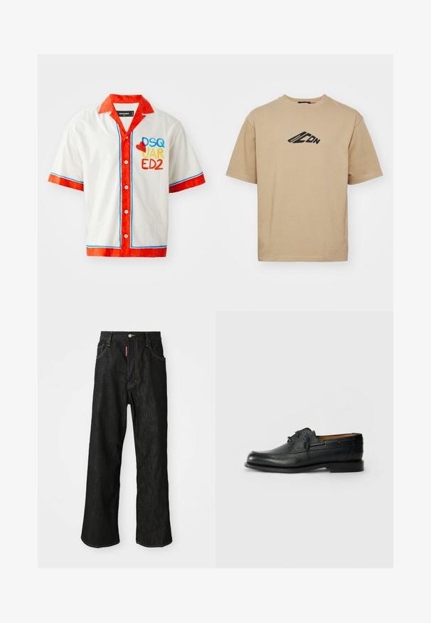 Short-sleeve shirt in white cotton with red collar and cuffs. Features blue and red trim, and multicolored "DSQ JAR ED2" logo on front.; Beige t-shirt made of cotton, featuring a round neckline and short sleeves. Black graphic design on the chest with brand lettering.; Black straight-leg jeans with yellow stitching, five-pocket design, button closure, and a small red tag on the front right pocket.; Black leather shoe with textured surface, round toe, and two eyelet lace-up design. Features a flat sole and minimalistic branding on side.