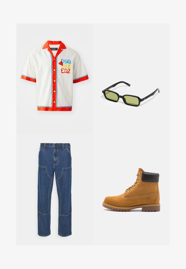Rövid ujjú ing fehér pamutból, piros gallérral és mandzsettával. Kék és piros díszítéssel rendelkezik, valamint színes "DSQ JAR ED2" logó található az elején.; Kék farmernadrág egyenes szárú, elülső zsebekkel és kontrasztos varrásokkal. Az anyag klasszikus textúrával és felülettel rendelkezik.; Barna velúr bokacipő fekete párnázott gallérral, arany fém fűzőlyukakkal, fehér varrási részletekkel és durva gumitalppal, amelynek kifejezett barázdái vannak.; Fekete napszemüveg szögletes kialakítással, zöld árnyalatú lencsékkel és sima műanyag kerettel. Arany díszítésekkel a fülpántokon.