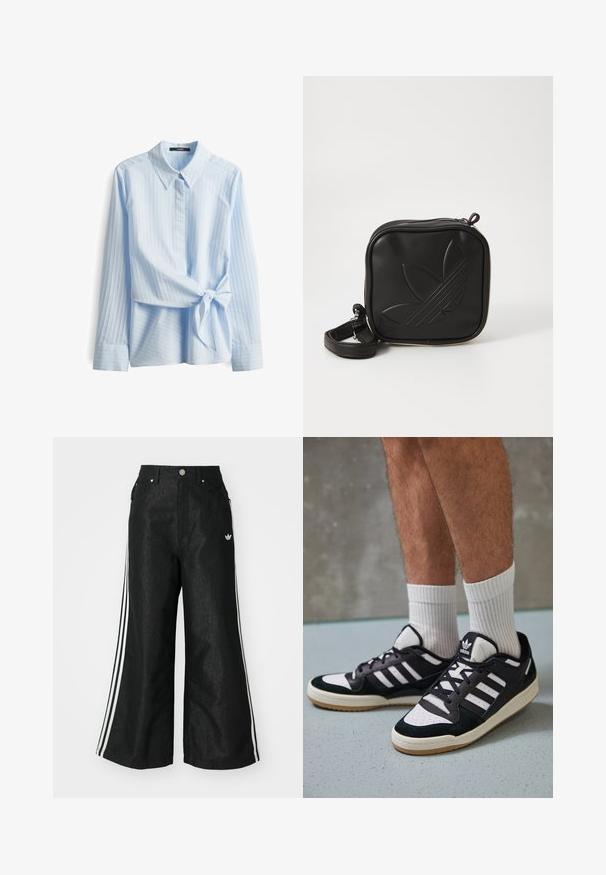 Lichtblauw overhemd met lange mouwen, een puntige kraag, verticale strepen en een strikdetails in de taille. Gladde stof met een zachte textuur.; Zwarte denim broek met wijde pijpen, voorzien van drie witte strepen aan elke zijkant en een klein wit logo. Heeft voorzakken en een knoopsluiting.; Zwart-witte sneakers met een bovenwerk van suede en leer, voorzien van drie witte strepen, een geperforeerde neus en een rubberen gumzool.; Zwarte vierkante crossbody tas van gestructureerd synthetisch materiaal. Met een reliëflogo ontwerp en een verstelbare schouderband. Ritssluiting.