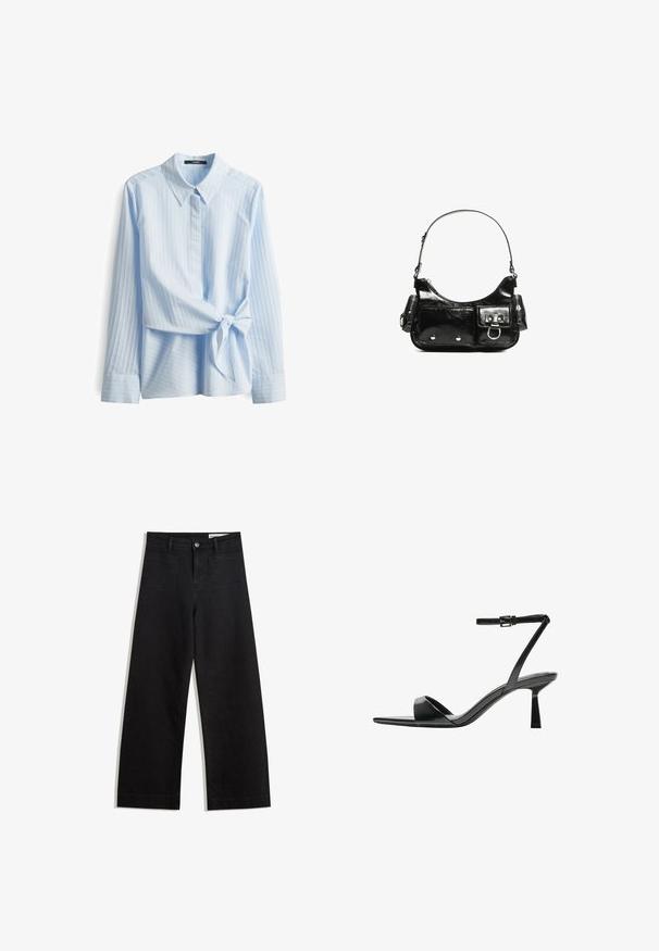 Hellblaues Langarmhemd mit spitzem Kragen, vertikalen Streifen und einem gebundenen Taillendetail. Glattes Material mit weicher Textur.; Schwarze weit geschnittene Jeans mit hoher Taille, ausgestattet mit Vorder- und Hintertaschen, gesteppten Nähten und einem Knopfverschluss. Glatte Textur.; Bershka High Heel Sandalette - black; Schwarze Lackleder-Handtasche mit geschwungenem Design, einem Schulterriemen, Vordertaschen und silberfarbenen Hardware-Akzenten.