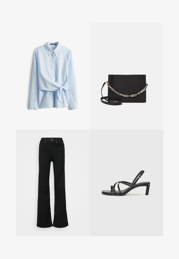 Hellblaues Langarmhemd mit spitzem Kragen, vertikalen Streifen und einem gebundenen Taillendetail. Glattes Material mit weicher Textur.; Schwarze, ausgestellte Jeans aus Denim, mit hoher Taille, fünf Taschen und Metallknopfverschluss. Glatte Textur mit minimaler Gestaltung.; Schwarze Sandale mit Riemchen, quadratischer Zehenform und niedrigem Blockabsatz. Verfügt über mehrere dünne Riemen und einen verstellbaren Knöchelriemen. Hergestellt aus glattem Leder.; Schwarze Leder-Crossbody-Tasche mit glatter Textur, rechteckiger Form und metallic-kettendetail auf der Vorderseite. Verstellbarer Gurt inklusive.