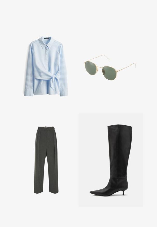 Camicia azzurra a maniche lunghe con colletto a punta, righe verticali e dettagli sul punto vita legati. Tessuto liscio con una consistenza morbida.; Pantaloni grigi su misura con vita alta, caratterizzati da pieghe, un design a gamba ampia e una texture liscia. Chiusura con una cerniera discreta.; Stivali neri in pelle al ginocchio con punta affusolata e tacco kitten. Texture liscia e design minimalista senza hardware o accenti visibili.; Occhiali da sole con montatura metallica dorata, lenti verdi, forma rotonda, aste sottili e dettagli in plastica bianca sulle punte delle aste.