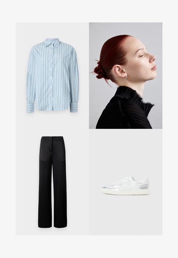 Ljusblå långärmad skjorta med vertikala gröna ränder, knappstängning fram och kontrasterande randiga manschetter. Slät tyg, klassisk kragsdesign.; Breda svarta byxor med en texturerad yta, featuring en platt midja och två sidfickor. Tyget verkar vara lätt och flytande.; Vita sneakers med metallisk silverdetaljer, slät yta, rund tå, platt sula och traditionell snörning.; Silverörhängen, texturerad svart plisserad topp med hög krage, och en slät, tajt knut av röd hår. Profilbild mot en ljus bakgrund.