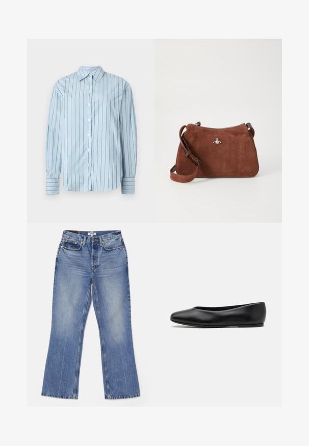 Šviesiai mėlynas ilgomis rankovėmis marškinys su vertikaliomis žaliomis juostelėmis, sagų užsegimas priekyje ir kontrastingi juostuoti rankogaliai. Lygi medžiaga, klasikinio kirpimo apykaklė.; RE/DONE LOOSE - Šiek tiek platėjantys apačioje džinsai - hacienda; Paul Smith TOPANGA - Balerinos stiliaus laivutės - black; Rudas zomšos rankinukas su užtrauktuku, reguliuojama petneša ir sidabro spalvos akcentais, pasižymintis subtilia tekstūru.