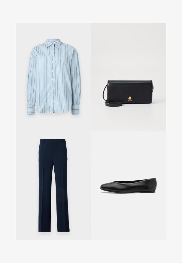 Light blue long-sleeve shirt with vertical green stripes, button-down front, and contrasting striped cuffs. Smooth fabric, classic collar design.; Navy blue trousers made of smooth fabric, featuring a straight leg design with front pleats and side pockets for a tailored look.; Paul Smith TOPANGA - Ballet pumps - black; Black leather wallet with a slim rectangular shape, featuring a gold logo. Includes a detachable strap for carrying convenience.