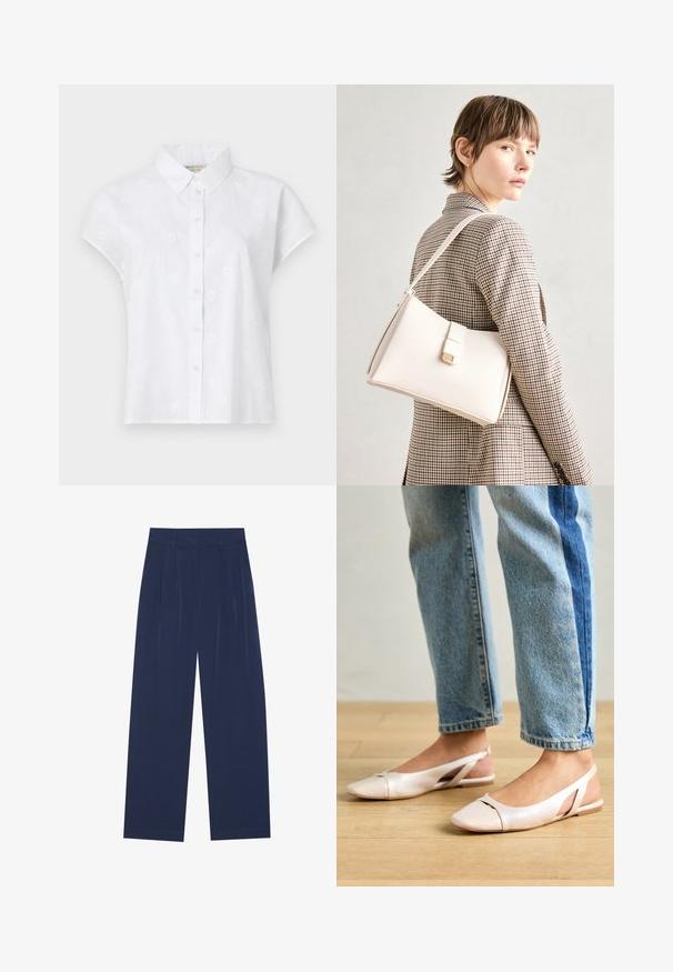 White short-sleeve shirt made of lightweight fabric, featuring a button-down front and subtle floral embroidery patterns throughout.; Navy blue wide-leg pants made of soft fabric, featuring front pleats, a smooth texture, and a straight fit with no visible pockets.; Pale pink slingback flats with a pointed toe, made from a smooth leather-like material. Features cut-out details at the sides and a flat heel.; White leather handbag with a structured design, featuring a magnetic clasp and a shoulder strap, showcased against a neutral background.