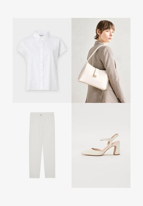 Fehér, rövid ujjú ing, könnyű anyagból készült, gombrészes elülső részével és finoman hímzett virágmintákkal.; Fehér, testreszabott nadrág egyenes szárú szabással, gombos záródással, övcsatolókkal és oldalsó zsebekkel; sima textúrájú anyag.; Hegyes orrú, krémszínű magassarkú cipő, tömbsarkúval. Jellemzője egy vékony bokaheveder kerek csattal és sima bőrszerkezet.; Fehér bőr táska strukturált dizájnnal, mágneses záródással és vállpánttal, semleges háttér előtt bemutatva.