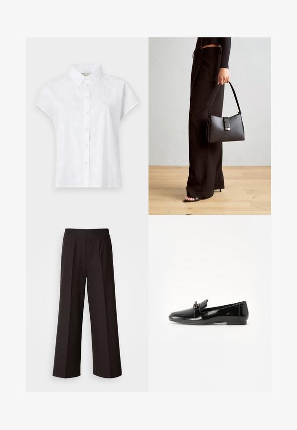 Balta īsām piedurknēm krekls, kas izgatavots no viegla auduma, ar pogājamām priekšējām daļām un smalkiem ziedu izšuvumiem visā virsmā.; Melni platleņķa bikses ar gludu priekšpusi, krokām un gludu auduma struktūru. Piedāvā augstu jostasvietu un pielāgotu griezumu, kas nodrošina strukturētu piegriezumu.; Melns lakots ādas loafers ar plakanu zoli, apaļu purngalu un dekoratīvu jostu ar zelta toņa akcentu. Gluda, spīdīga apdare.; Melnā somiņa ar strukturētu formu, gludu tekstūru un metālu sprādzi. Saskaņota ar platām melnām biksēm un sandālēm ar atvērtu purngalu uz koka grīdas.