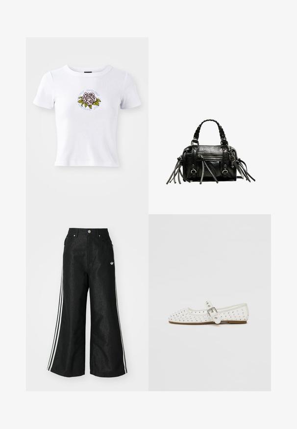 Vit t-shirt med kort ärm och figursydd design, med en centralt broderad ros och cirkulär text runt blomman.; Svarta vida denimbyxor med tre vita ränder på varje sida och en liten vit logotyp. Har framfickor och knäppning med knapp.; Vit platt sko med spetsig tå, dekorerad med silvernitar, har ett spänne över fotryggen och en ljusbrun sula.; Svart läderhandväska med flätade handtag, texturerad yta, dragkedjeförsedd framficka och dekorativa fransdetaljer. Kompakt och strukturerad form.