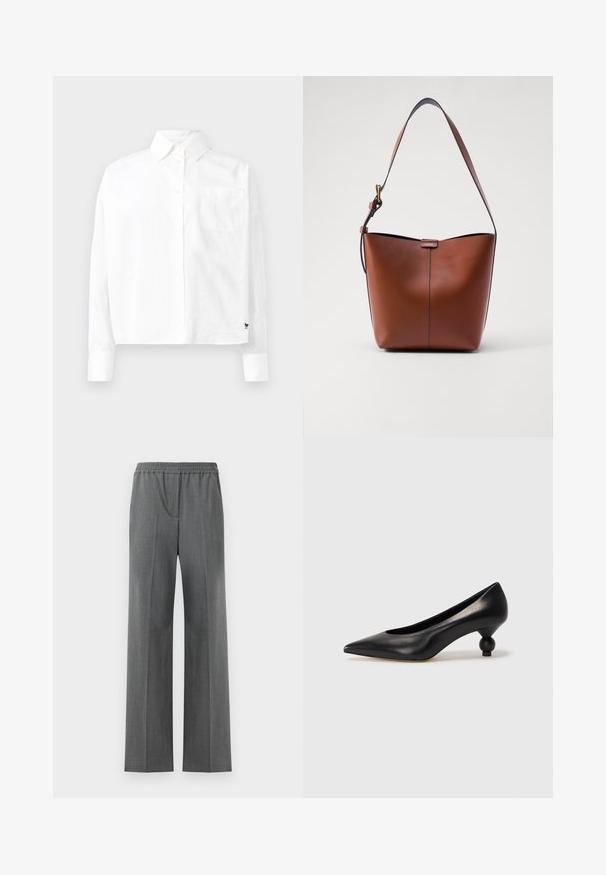 Chemise blanche à manches longues avec col pointu, poche poitrine simple et manches à poignets. Fabriquée en tissu lisse et léger.; Pantalons gris à jambes larges avec une taille élastique, fabriqués dans un tissu texturé présentant un motif de tissage subtil.; Chaussure à talon haut en cuir noir avec un bout pointu et un talon arrondi. Texture lisse avec un design épuré et minimal.; Sac à épaule en cuir marron avec une forme courbée, texture lisse et une seule sangle fine. Présente une couture subtile et un petit logo.