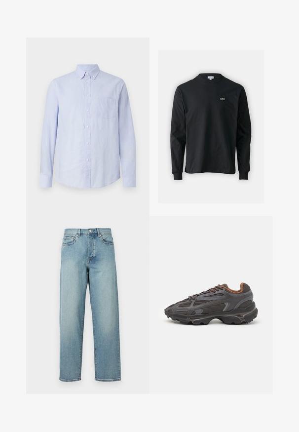 Világoskék, hosszú ujjú, gombos ing, amely texturált anyagból készült. Gombos gallérral és egyetlen zsebbel rendelkezik a bal mellen.; Fekete hosszú ujjú pamut póló, kerek nyakkivágással, bal mellen egy kis zöld hímzett krokodil logóval.; Világoskék farmernadrág laza szabással, egyenes lábakkal, öt zsebes dizájnnal és gombos derékkal. Minimalista varrási részletek.; Sötét szürke Lacoste sportcipők hálós és szintetikus anyagból, textúrázott talppal és barna díszítésekkel a nyak részen és a logón.