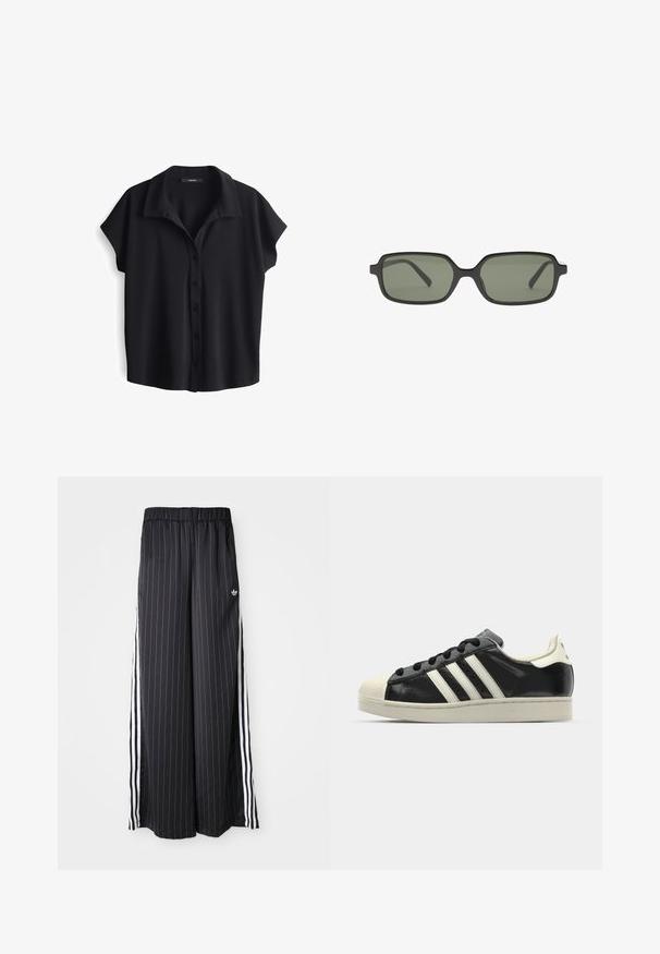Zwarte blouse met korte mouwen en een kraag, met een knoopsluiting aan de voorkant en een relaxte pasvorm. Gemaakt van een gladde, gestructureerde stof.; Zwarte wijde broek met verticale witte strepen, elastische tailleband en drie witte strepen aan de zijkant. Adidas-logo aan de voorkant.; Zwarte leren sneaker met witte strepen, rubberen teenbescherming, zwarte veters en een crèmekleurige loopzool. Glad oppervlak met een glanzende afwerking.; Zwarte rechthoekige zonnebril met donkergroene lenzen, met een plat ontwerp, minimalistische zijkanten en een lichtgewicht frame voor comfort.