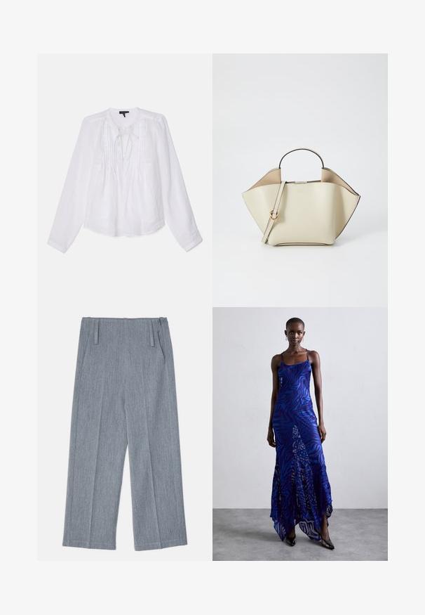 rag & bone AMARIS - Blusa - white; Pantalones de pierna ancha en gris claro, hechos de una tela texturizada, que presentan dos pliegues frontales y dos bolsillos laterales. Diseño limpio y a medida.; Vestido maxi de estampado animal en azul y morado con tirantes finos, un cuerpo ajustado, dobladillo acampanado y detalles de superposición transparente.; Ree Projects ANN - Bolso de mano - beige
