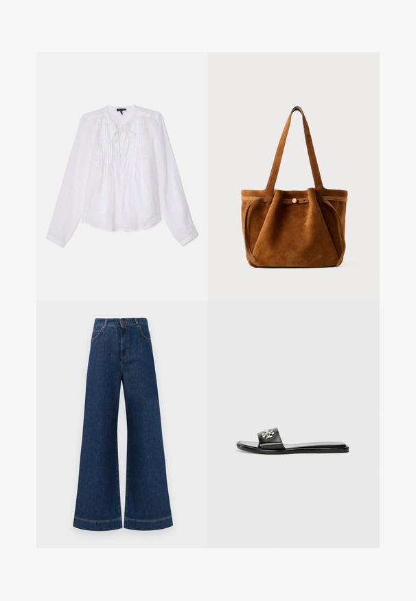 rag & bone AMARIS - Blouse - white; Brede blauwe denimjeans met een hoge taille, voorzien van een knoopsluiting, riemlussen en subtiele stikdetails langs de zakken en zoom.; Zwarte platte slidersandalen van synthetisch materiaal, met een brede band met een metallic logo-accent en een gladde, glanzende afwerking.; Bruine suède totebag met dubbele handvaten, een knoopsluiting en een ontspannen, iets slonzige vorm.