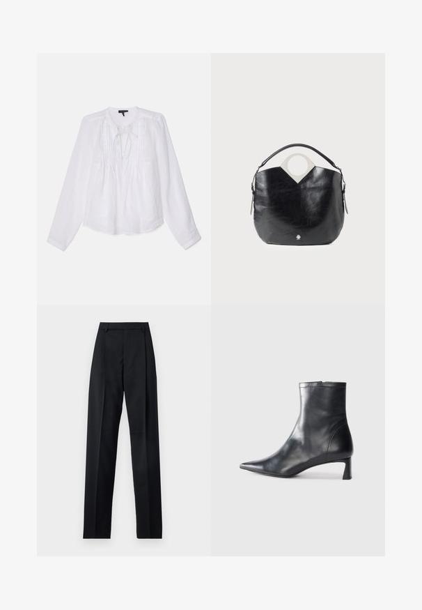 rag & bone AMARIS - Blouse - white; Black trousers made from smooth fabric featuring a high waist, wide legs, front pleats, and classic belt loops. No side pockets visible.; Black leather ankle boot with a pointed toe and a sleek design. Features a low heel and a zipper closure at the back. Smooth texture.; Black leather bag with a curved shape, circular top handle, and silver logo detail. Smooth texture and notable cut-out design feature.