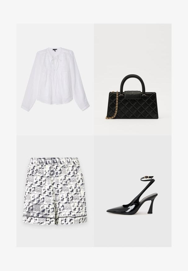 rag & bone AMARIS biały; Białe szorty z czarnym abstrakcyjnym wzorem, elastycznym pasem i jednolitym czarnym wykończeniem na końcu. Wykonane z lekkiego materiału.; Czarne lakierowane szpilki slingback na wysokim obcasie z wydłużonym noskiem, regulowanym paskiem na kostce i umiarkowanym obcasem w kształcie bloku. Gładka struktura z błyszczącym wykończeniem.; Czarna torebka wykonana z fakturowanej skóry, z wzorem w romby, złotą łańcuszkową rączką oraz górnym uchwytem z klapą z wytłoczonym logo.