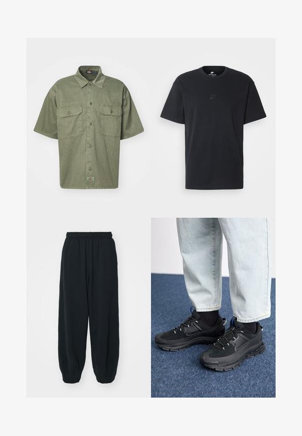 Lyhythihainen, oliivinvihreä paita, joka on valmistettu tekstuurisesta kankaasta. Paidassa on kauluspää, kaksi etutaskua ja pieni tuotemerkkihelassa.; Nike musta musta T-paita, jossa on klassinen pyöreä kaula-aukko, lyhyet etkä hihat sekä hillitty, kohopainettu logo rinnassa. Silkkinen rakenne.; Mustat, elastisella vyötäröllä varustetut collegehousut, joissa on löysä istuvuus, cuffattu lahje, sileä pinta ja ilman näkyviä kuvioita tai varusteita.; Mustat urheilukengät, joissa on teksturoitu kangas ja kumipohjat, elastiset nauhat ja sininen yksityiskohta kannassa. Yhdistetty vaaleisiin farkkuihin.
