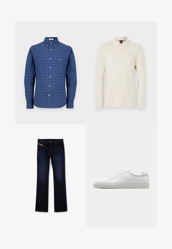 Langärmliges blau kariertes Hemd mit Button-Down-Kragen, weißen Knöpfen und kleinem Logo auf der linken Brust. Aus Baumwolle, lockere Passform.; Langarm-Polo-Shirt in hellem Beige, aus glattem Stoff gefertigt, mit einem Polo-Kragen, einer zwei-Knopf-Leiste und einem kleinen Logo-Patch auf der Brust.; Dunkelblaue Jeans aus Denim mit geradem Bein, ausgestattet mit orangefarbenen Nähten, einem Reißverschluss und Vordertaschen. Glatte Textur und Standardbund.; Weißer Sneaker mit glattem Lederobermaterial und niedrigem Profil. Verfügt über eine runde Zehenpartie, sechs Ösen und eine strukturierte Gummisohle.