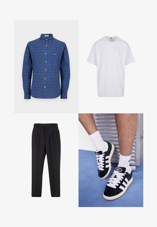 Niebieska koszula w kratę z długim rękawem, z kołnierzykiem zapinanym na guziki, białymi guzikami i małym logo na lewej piersi. Materiał bawełniany, luźny krój.; Biała bawełniana koszulka z krótkimi rękawami, okrągłym dekoltem, luźnym krojem i bez widocznych logo lub wzorów. Gładka tekstura i minimalistyczny design.; Czarne spodnie z plisowanym przodem, wykonane z gładkiego materiału. Zapięcie na guzik i szlufki na pasek; prosty krój nogawek.; Czarne zamszowe sneakersy z białymi sznurówkami i trzema białymi paskami. Posiadają okrągłe czarne logo na języku i gumową podeszwę.